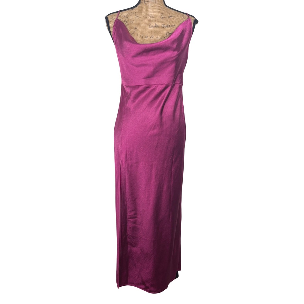NWT Lioness Walk The Line Maxi Dress Magenta Pink Satin Cowl Neck Slit US 8